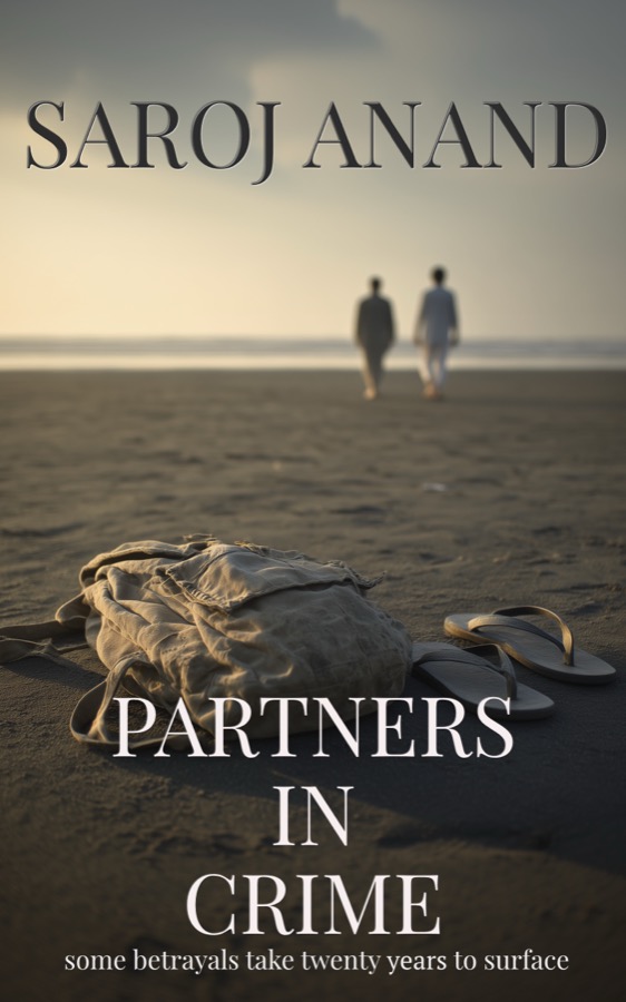 Cover of the novel Partners in Crime: an abandoned backpack and sandals on a beach at dusk, two figures walking away towards the sea